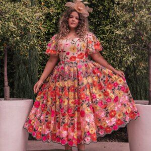 JessaKae Floral Embroidered Dress - Pink, Red, Yellow